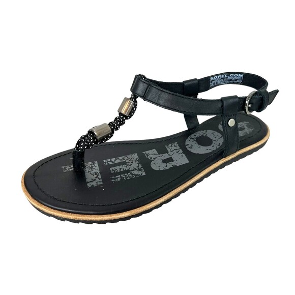 Sorel Flat Ella T Strap Sandals  Womens Size 6.5  Black Macrame & Leather Beaded - Picture 1 of 10